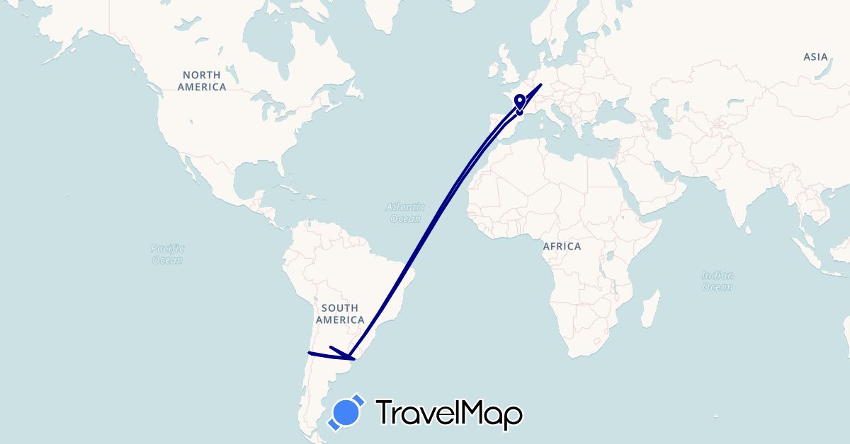 TravelMap itinerary: driving in Argentina, Chile, Germany, Spain, France, Uruguay (Europe, South America)